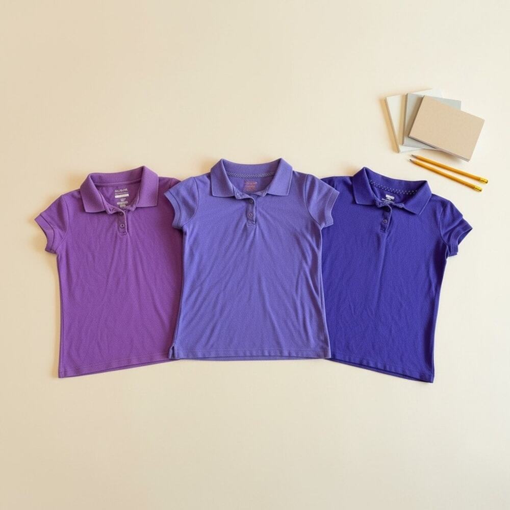 Girls Purple School Uniform Polo Shirts Size 10/12-Large-Lot of 3-Short Sleeve